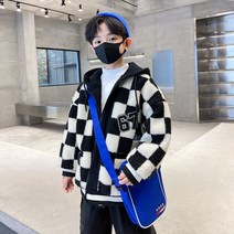 도오빠 루쿠쿠펀 아동 뽀글이 후드 집업 체크보드 패턴 자켓 따뜻한 겨울 외투 여아 남아 공용 주니어 어린이