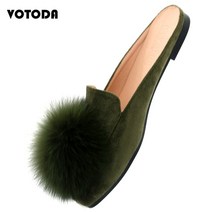 진짜 여우 모피 슬리퍼 여성 벨벳 뮬 신발 솜털 모피 모피 슬라이드 귀여운 pom 모피 뮬 여성 플랫 캐주얼 슬립 온 로퍼 신발