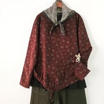 로맨틱 분위기있는 꽃 무늬 나염 솜 본딩 겨울 면 염색 라운드 삼각 언발란스 티 블라우스 지누시