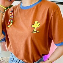 피넛츠우드스탁 반팔티셔츠)배색소매 그림프린팅 피넛츠 숫자나염 앞뒷면프린팅 캐릭터티셔츠 그림티셔츠 반소매 기본티셔츠