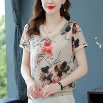 [이꾸띠] 죠드리 여름 2040 여성 카라넥 플라워 시원하고 상큼한 디자인 2컬러 쉬폰 반팔 블라우스