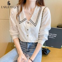 레이스 화이트 블라우스 카라 긴팔셔츠 자수 여성스런 여자 캐주얼상의