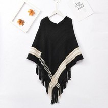가을 겨울 목도리 모조 캐시미어 대각선 스트라이프 풀오버 따뜻한 태슬 여성 판초 케이프 풀오버 스웨터 검정색 망토