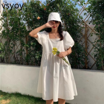 vsyoy [모자 포함] 드레스 신식 한국식 느슨한 인형 신 스커트 스퀘어 칼라 버블 슬리브 A 라인 스커트