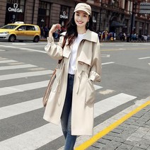 안감이있는 코트 봄 가을 새 재킷 영국 스타일 드로우 스트링 윈드 브레이커 중간 길이 Femme Overwear Green 67