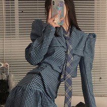 고방 깅엄 하운드 체크 퍼프 블라우스 투피스 정장