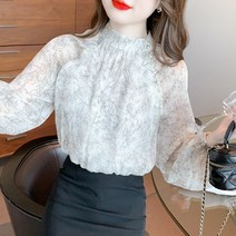 프린트 쉬폰 퍼프 슬리브 풀오버 여성 캐주얼 벌룬 루즈 블라우스