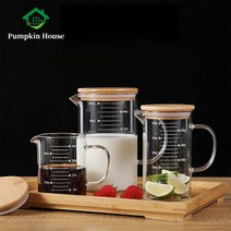 유리 측정 컵 붕규산 측정 컵 손잡이와 대나무 뚜껑이있는 내열성 비커 대용량 Mohr, 1000ml, 1000ml