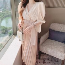 [레티고] 여성 브이넥 배색 셔츠 롱 원피스