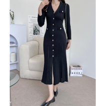 [케익] 브이넥 와이드 골지 얇은 니트 롱 원피스 진주금장 단추로 명품 스타일 코디