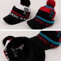 여성 골프웨어 겨울 모자 3단배색 방울 니트 골프모자, 블랙