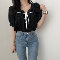 VANANA2 국내생산 러블리 어깨퍼프 리본 반팔 블라우스