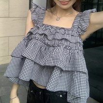 블링앤수 민소매 프릴 체크 나시 블라우스 LZZ194