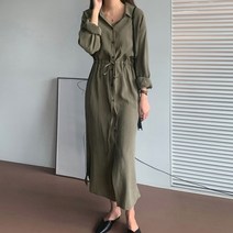 라라벨 여성 페미닌 카라넥 베이직 버튼 스트링 루즈핏 셔츠 롱 원피스