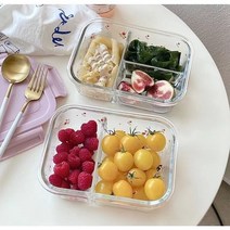 플라워 밀폐 글라스락 사각 보관용기 반찬통, 3절
