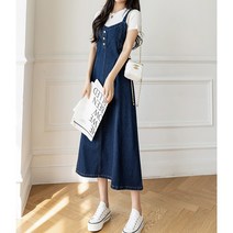 여자 빅사이즈 데님 멜빵 롱 원피스 S~5XL