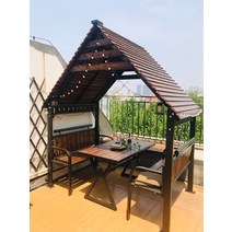 원목 파고라 야외 펜션 팔각정 테라스 원두막 조립, 4인용 통나무집+테이블+바닥+태양광