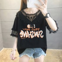 순면 레이스 22 반팔티셔츠 여성 와이드 펀칭 빅사이즈 여름 유행 상의 여자 룩