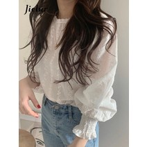 레니본블라우스 Jielur 자수 레이스 셔츠 SXL 사이즈 봄 여성 긴 소매 리넨 코튼 걸스 블라우스 Femme 캐주