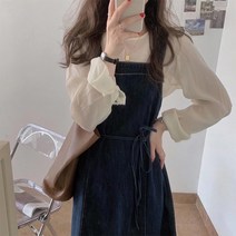멜빵 청치마 코디 빅사이즈 롱 스커트 데님 캐주얼 여성 작업복 복고 a라인
