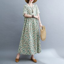 뚱뚱한 사람에게 어울리는 스커트 양기문예 여름 프린트 뱃살 가리기 사이즈 여성복 루즈핏 롱 반팔 원피스.