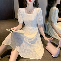 펀칭원피스 아일렛원피스 레이스 롱 스퀘어넥 프렌치 키작녀 자수 화이트 흰색 반팔 퍼프