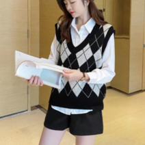 패션디바 여성용 브이넥 가을 깊은 브이넥 아가일체크 니트 조끼