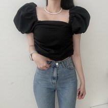 VANANA2 국내제작 여성 러블리 왕퍼프 오프숄더 겸용 크롭 셔링 블라우스