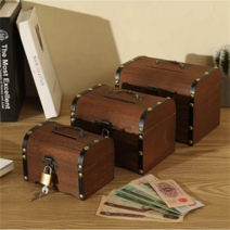 원목 나무 빈티지 보관함 보물 보관 상자 돼지 돈 동전 잠금 보석 절약 해적 정리함 장식 선물, Picture 1, Picture 1