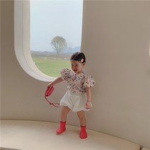 바로배송 퍼프 블라우스 레이스 바지 세트 플라워 패턴 블라우스 퍼프소매 레이스 북유럽풍 아기옷 아동복 여아 키즈