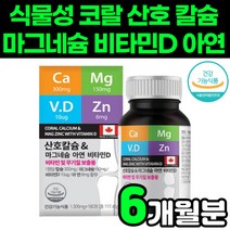 식물성 코랄 산호 캴슘 calcium 마그네슘 magnesium 비타민d 비타민디3 vitamind3 아연 대용량 청소년 초등학생 중학생 어린이 성장기 어르신 주니어 영양제 추천, 1박스(6개월분)