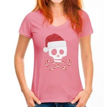 크리스마스 해골과 십자가 사탕 지팡이 산타 블랙 소프트 주니어 티셔츠 탑 레트로 O 넥 티셔츠, WoMen Deep pink_XXS