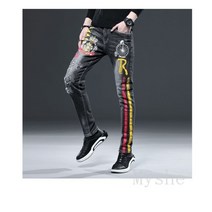 [Myshe]남자자수 청바지패션 프린트 슬림 데님팬츠 01 YanF718