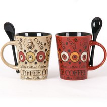 까페 앤 스푼 머그컵세트 370ml, 1세트, 베이지, 레드