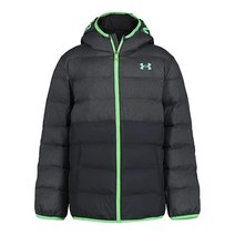 Under Armour 남아용 Pronto 컬러블록 푸퍼 재킷 중간 무게 집업 클로저 방수 블랙/그린.