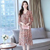 코디코치 여성 핑키 브이넥 플라워 쉬폰 원피스