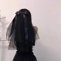 메리크라운 베일 블랙 검정 리본 2단 숏베일 캐쥬얼 면사포 셀프웨딩 촬영 웨딩소품, 1개