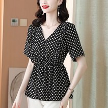 [이꾸띠] 갸다그리이리 여성 여름 브이넥 원컬러 도트 프릴 블라우스
