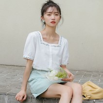 프렌치 chic 빈티지 여름 자수 날씬해 보이는 쇄골 사각 넥 가디건 여 반팔 감령여러 겹의 셔츠.