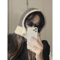 (당일발송)원투올 니트 단추 바라클라바 겨울 커플 모자 아이템 와이드핏 후드 넥워머 투톤, 블랙아이보리