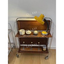 MOOLI HOME 클리어런스 우드트롤리 이동식 수납 엔티크 트롤리, 유리 스테인리스 트롤리