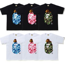 BAPE 조수 브랜드 티셔츠 위장 원숭이 머리 패턴 원숭이 인쇄 라운드 넥 풀오버 남성과 여성 느슨한 반팔