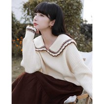 하이틴룩 하객룩투피스 놀이공원 코디 Deeptown-Kawaii 빈티지 피터팬 칼라 스웨터 여성 프레피 패션 스위트 레이스 업 베이지 니트 점퍼 일본식 상의