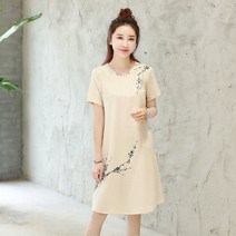 린넨원피스 린넨원피스 2022년 여름옷 루즈핏 여신 린넨 프레픽룩 여성원피스 허리밴딩 날씬해보이는 스타일 자수 반팔
