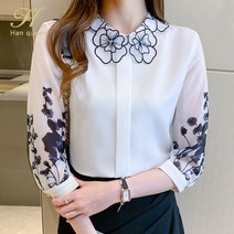 블라우스쇼핑몰 봄블라우스 H 한 여왕 새로운 직업 인쇄 셔츠 여성 블라우스 빈티지 작업 캐주얼 탑 시폰 우아한 간단한 느슨한