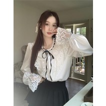 리본 라운드 레이스 자수 러플 블라우스 오버핏 하늘하늘 벌룬 샤랄라 보세 수입 SY
