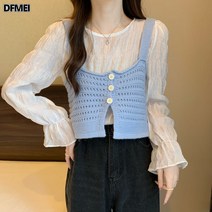 DFMEI 펀칭 쓰리버튼 민소매 니트 나시 여 숏 나시 탑
