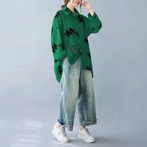 빅사이즈긴팔셔츠 면린넨 긴소매 여성 겨울 가을 와이드 루즈핏 추상무늬 이니셜 플라워 프린팅 미드 2621726168