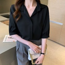 퍼프 오버핏 면접 88 여름 주름 날씬해보이는 블라우스 퍼프소매 카라 타이