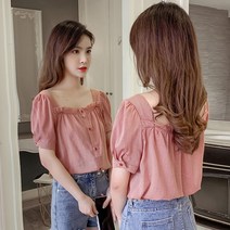 Makone 스퀘어넥 데일리룩 퍼프소매블라우스 체크 반팔